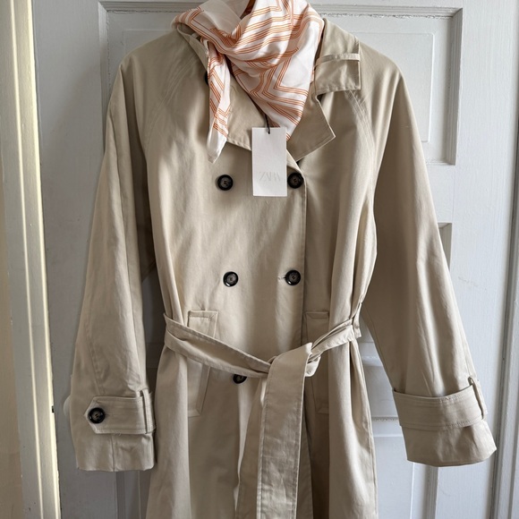 Zara Beige Long Scarf Double-Breasted Trench Coat with Scarf NWT 4749/706 Sz S - Picture 9 of 12